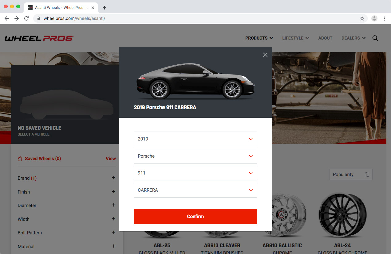 WheelPros Web Redesign case study Wheel Pros vehicle select screenshot